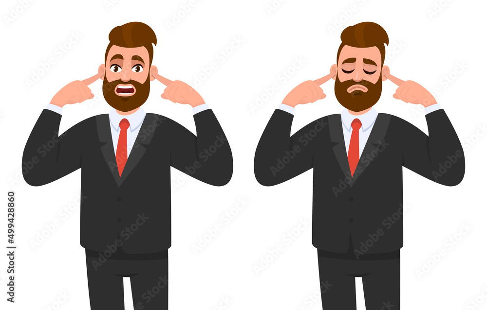 Young hipster businessman covering his ears with fingers, eyes closed. Trendy bearded person closing or plugging for loud noise. Male character design illustration. Modern lifestyle in vector cartoon. Young hipster businessman covering his ears with fingers, eyes closed. Trendy bearded person closing or plugging for loud noise. Male character design illustration. Modern lifestyle in vector cartoon.