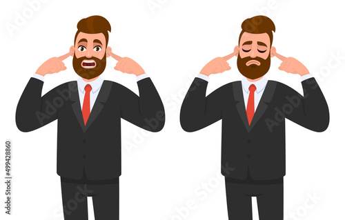 Young hipster businessman covering his ears with fingers, eyes closed. Trendy bearded person closing or plugging for loud noise. Male character design illustration. Modern lifestyle in vector cartoon.