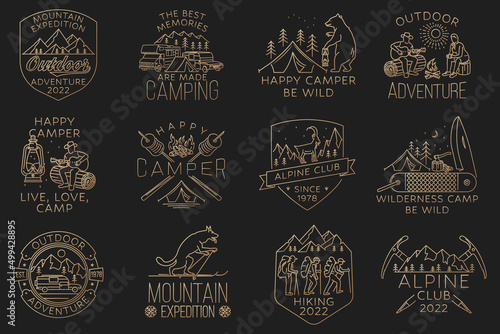 Set of Hiking, mountain expedition badge. Vector. Vintage line art design with mountaineers, camping tent, bear with lantern, campfire, camper tent, pot on the fire, axe and mountain.