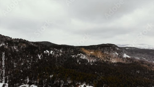 Winter landscape in Cubuk Karagol Nature Park. Snowy forests and mountains. Ankara Cubuk in Turkey. drone shooting