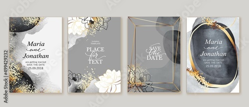 Set of elegant, chic cards with grey watercolor textures, abstract forms, golden line frames, splatters. Line art white lotus, flowers. Wedding, business  card, cover, invitation template.