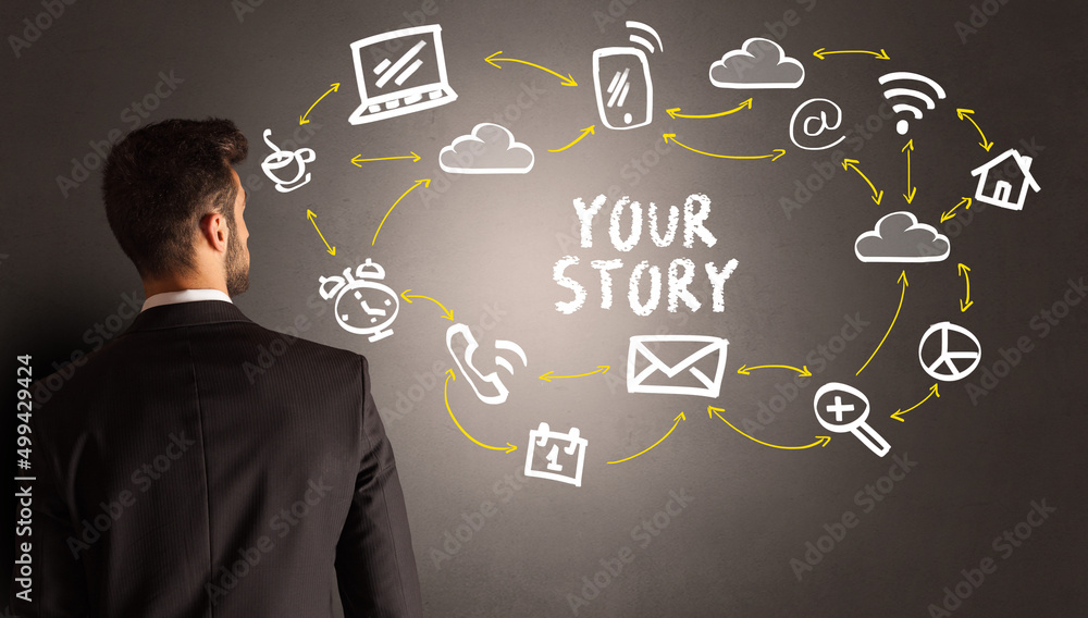 businessman drawing social media icons businessman drawing social media icons