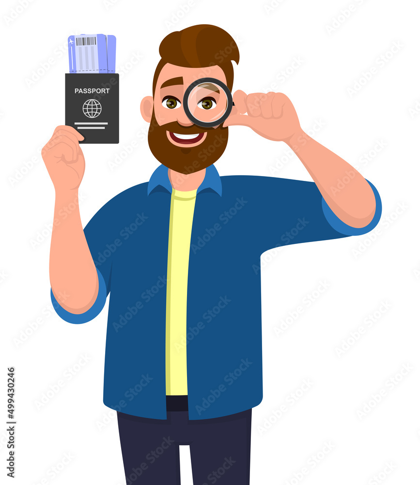 Hipster young man showing passport with tickets and looking through magnifying glass. Bearded person holding a boarding pass and seeing from magnifier. Male character illustration in vector cartoon. Hipster young man showing passport with tickets and looking through magnifying glass. Bearded person holding a boarding pass and seeing from magnifier. Male character illustration in vector cartoon.