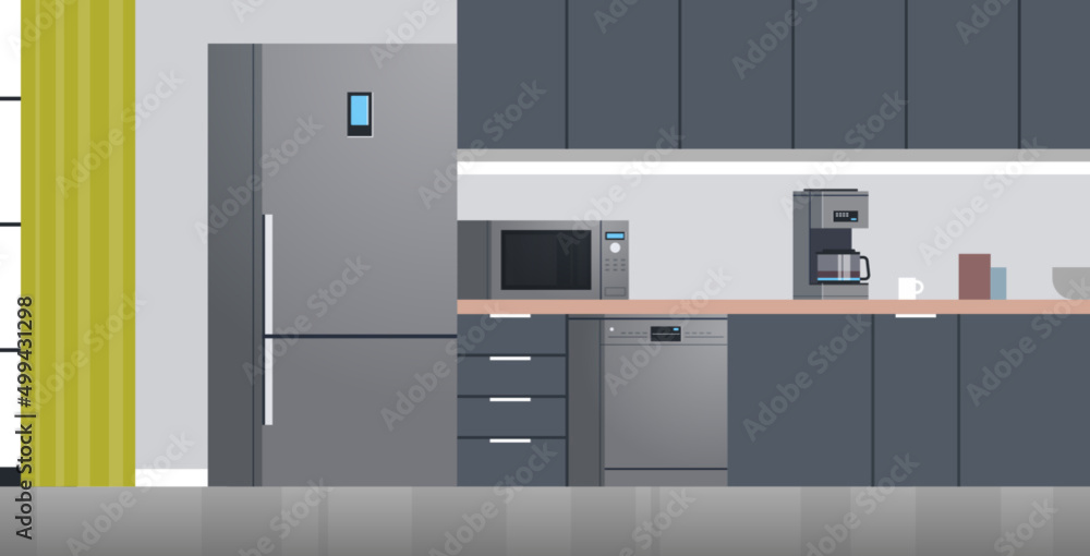 Modern kitchen interior no people and home appliances concept flat design illustration. Modern kitchen interior no people and home appliances concept flat design illustration.