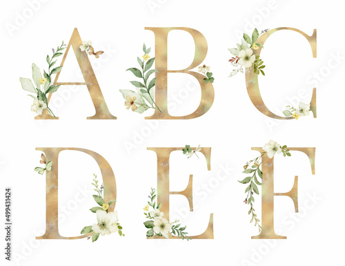 Floral vector alphabet, letters A, B, C, D, E, F.