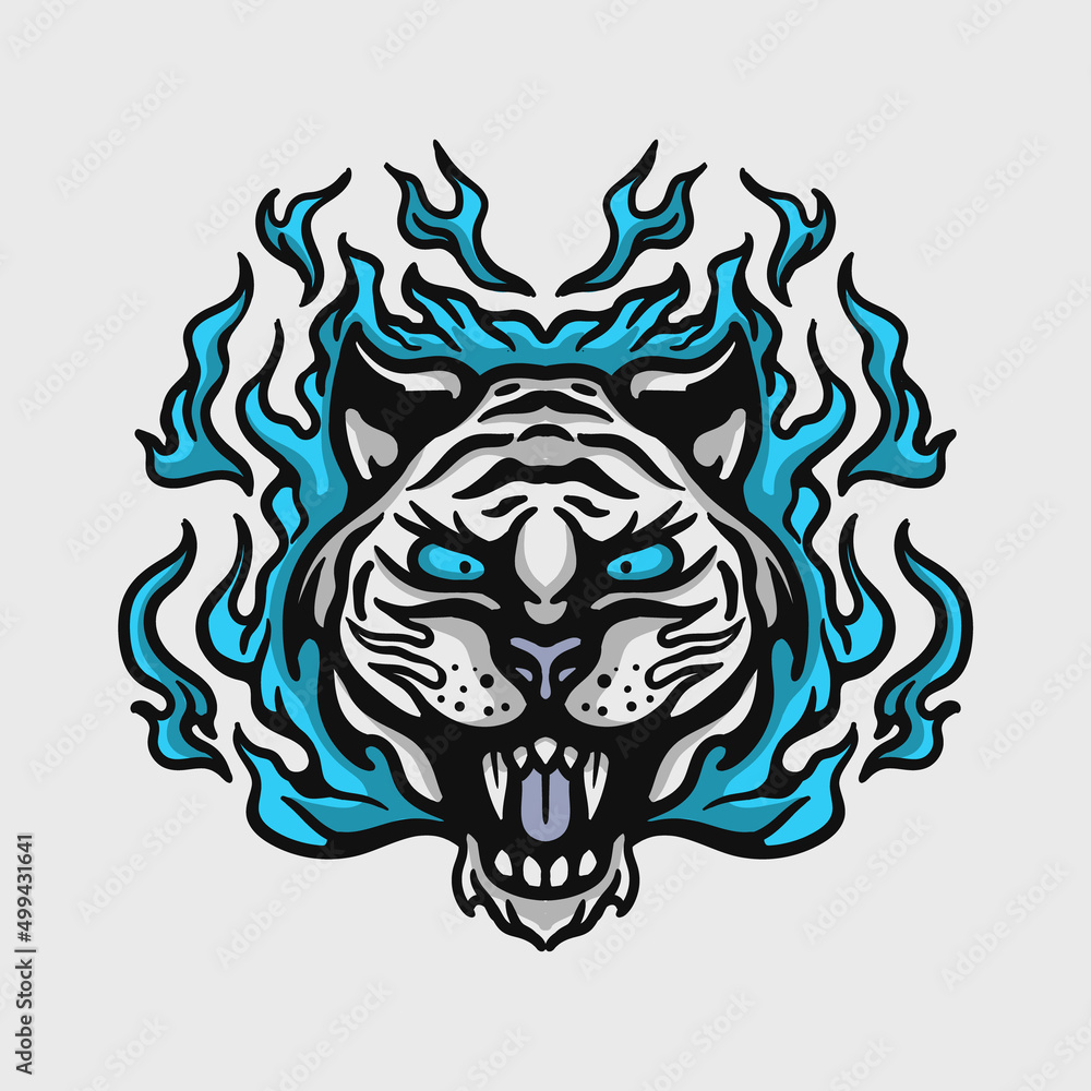 illustration of a white tiger head with blue flames illustration of a white tiger head with blue flames