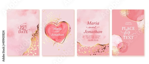 Set of elegant cards in pink, red, white, golden colors. Watercolor spots, ink imitation, gold lines, splatters. Two hearts. Wedding invitation. Love, romantic, Valentined day cards. Save the date.