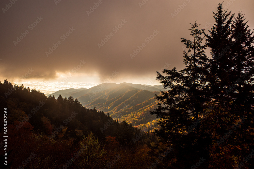 Dramatic clouds and light with thunderstorm approaching over mountain range in the Great Smoky Mountains National Park, USA.