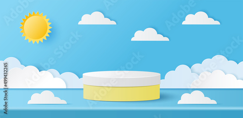 Paper cut of summer banner with pastel color cylinder podium for products display presentation with sun and clouds. Vector illustration