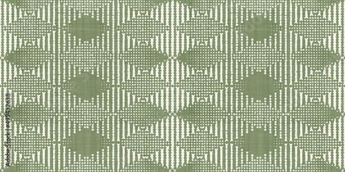 Batik geometric diamond harlequin seamless repeat motif on distressed boho textured linen in sage green and natural white. A fashion or interior design tileable surface pattern textile. 3D rendering.