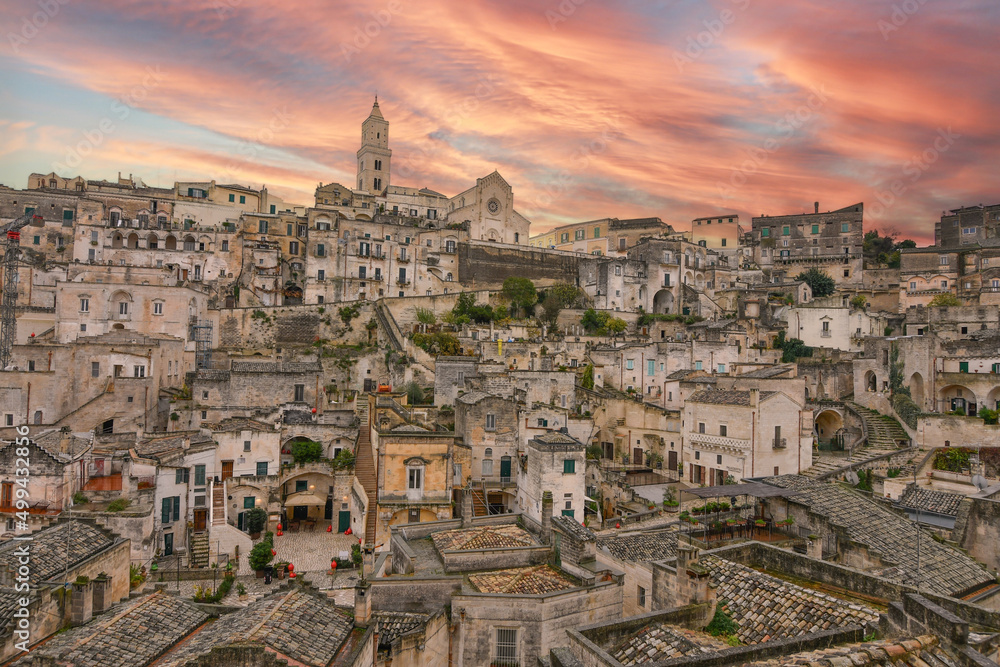 Panoramic view of Matera, one of the oldest Italian cities, in the Basilicata region, Italy.