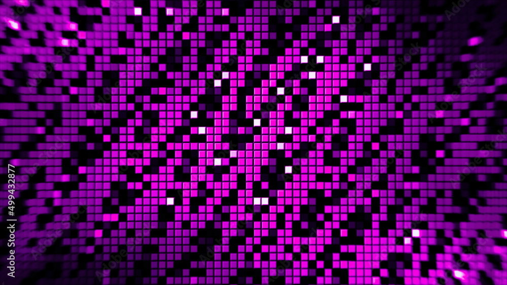 Abstract colorful running pixels background, seamless loop. Design. Zigzag pattern of shimmering and moving small rows of squares.