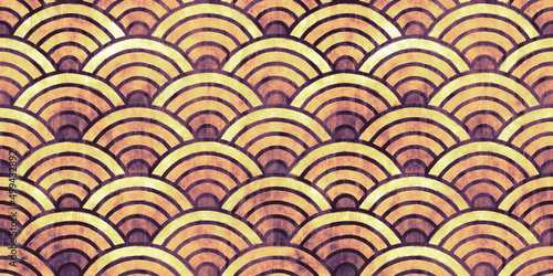 Vintage traditional Japanese seigaiha seamless wallpaper pattern. Retro sun  water  scales or rainbow hand drawn watercolor background in warm rust orange  yellow and brown earth tones. 3D Rendering.