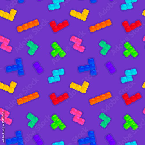 tetris board game colorful plastic bricks shiny glossy texture vector kawaii seamless pattern Gift Wrap wallpaper background