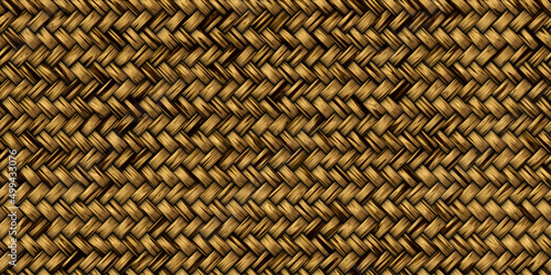 Woven bamboo reeds seamless basket weave tileable texture. Detailed wood grain on interlocking braided rattan wickerwork surface pattern design. 8K high resolution material 3D rendering.