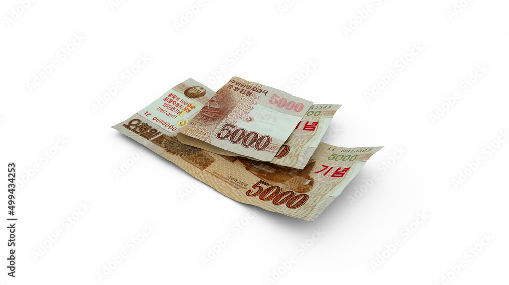 3D rendering of Double North Korean won notes with shadows 3D rendering of Double North Korean won notes with shadows