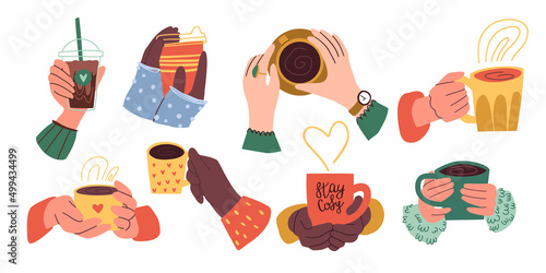 set of female hands hold hot drinks. takeaway coffee, tea. flat hand drawn illustration.