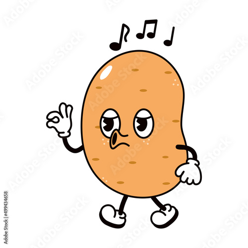 Cute funny potato walking singing character. Vector hand drawn traditional cartoon vintage, retro, kawaii character illustration icon. Isolated on white background. Potato walk and sing character