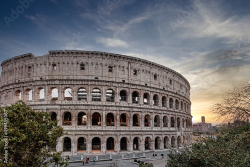 Rome Italy ; 03 28 2022 ; Photograph of the Colosseum in Rome with some very beautiful sunset skies