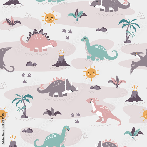 Seamless pattern cute dinos family  design for scrapbooking  decoration  cards  paper goods  background  wallpaper  wrapping  fabric and all your creative projects