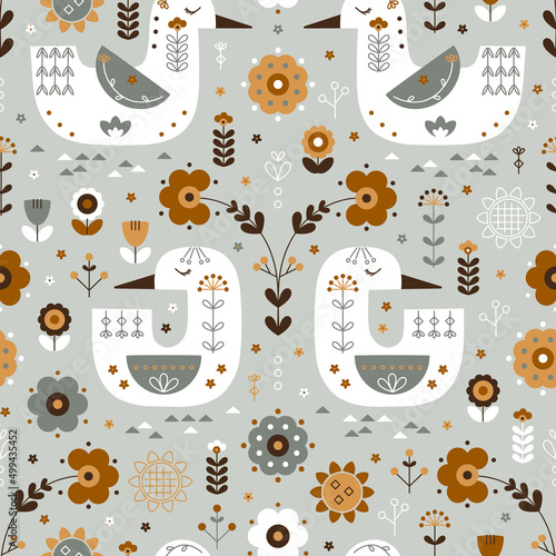 Scandinavian Goose and Duck with Floral Ornament Seamless Pattern. Earth Tone Background with Birds and Flowers. Folk Art Design. Vector illustration