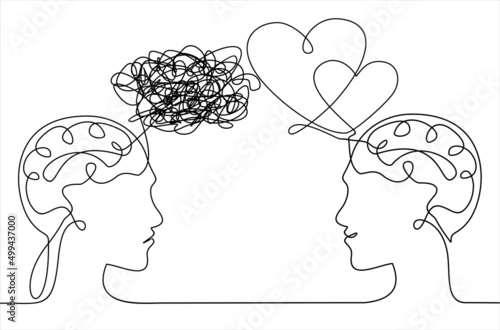 Vector concept confusion in the head and love hearts. Man and women entangled in relationships. One continuous line drawing