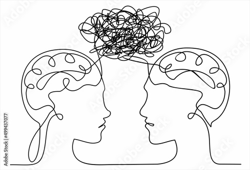 Vector concept confusion in the heads. Man and women entangled in relationships. One continuous line drawing