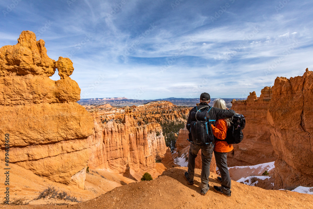 United States, Utah, Bryce Canyon National Park, Senior hiker couple exploring Bryce Canyon National Park United States, Utah, Bryce Canyon National Park, Senior hiker couple exploring Bryce Canyon National Park