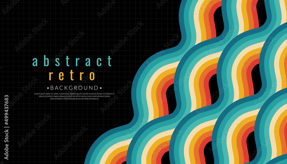 Abstract retro 70s background. Vintage 70s wave stripes colorful rainbow. 1970s color wallpaper. Vector illustration. - obrazy, fototapety, plakaty 