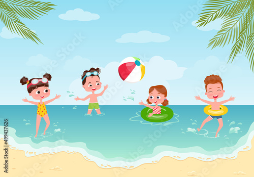 Children and beach entertainment. Kids in a summer camp, sunbathing on the seashore in a tropical resort. Children bathe and swim in the open sea. Vector illustration