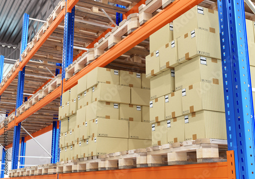 Distribution center. Cardboard boxes on wooden pallets. Distribution warehouse with boxes. Steel racks in distribution center. Multi-tiered racks with parcels close-up. 3d rendering.