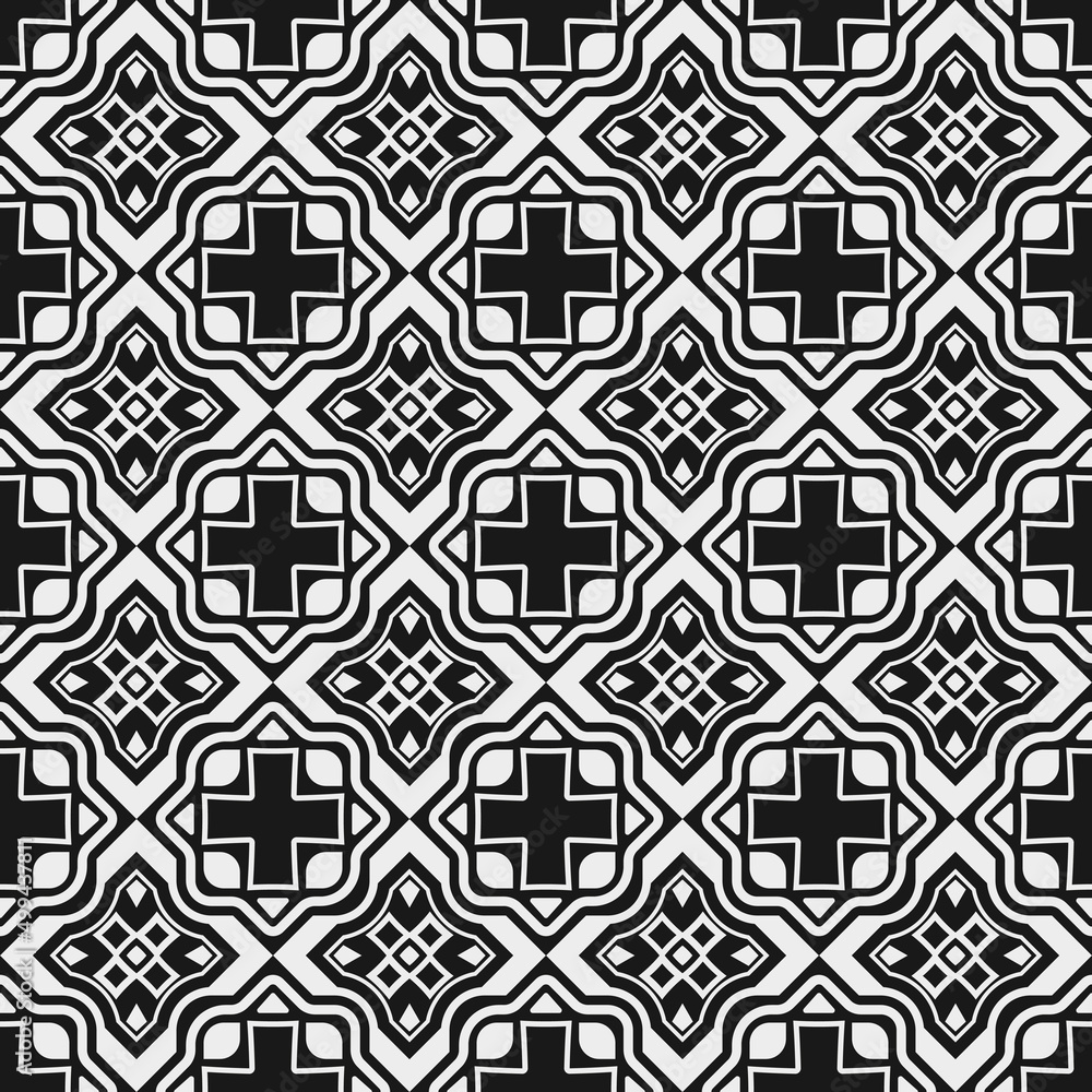 Black and white damask ornament. Damask decor from crosses and rhombuses of damask, which alternate in a seamless pattern. Vector.