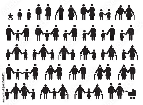People ages and family persons symbol icons. Full family with kids and parents, seniors. Single parent with child pictogram. Woman, man sign silhouette vector set