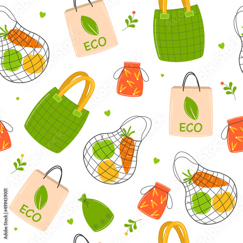 Textile and paper bags seamless pattern. Hand drawn eco life illustration. Zero waste, plastic free, eco life. Go green, no plastic concept. Zero waste shopping. Perfect for fabric, textile, wrapping.