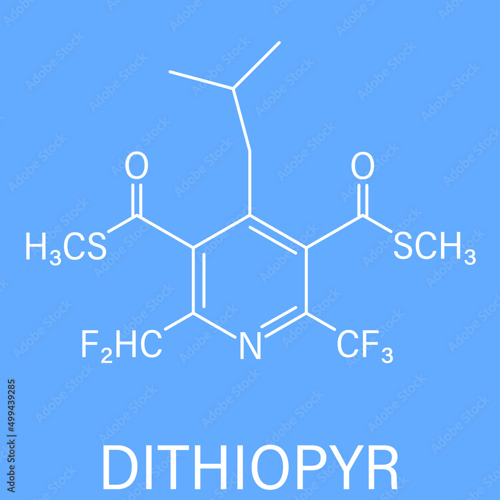 Dithiopyr preemergent herbicide molecule, skeletal chemical formula. Dithiopyr preemergent herbicide molecule, skeletal chemical formula.