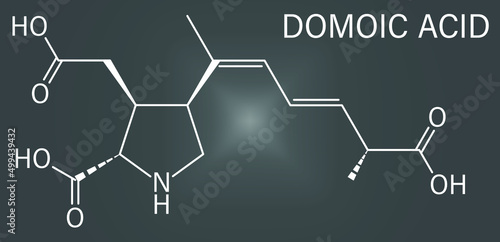 Domoic acid algae poison molecule, skeletal chemical formula. Responsible for amnesic shellfish poisoning (ASP).