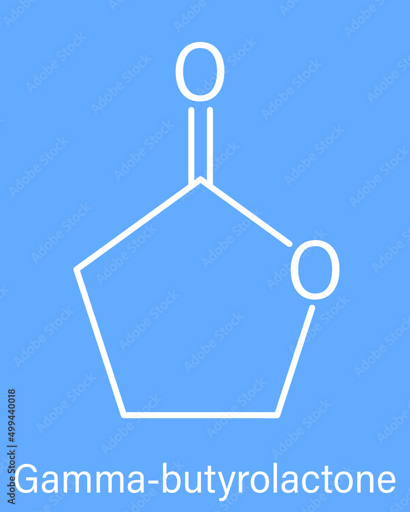Gamma-butyrolactone (GBL) solvent molecule. Used as prodrug form of GHB (gamma-hydroxybutyric acid). Skeletal formula. Gamma-butyrolactone (GBL) solvent molecule. Used as prodrug form of GHB (gamma-hydroxybutyric acid). Skeletal formula.