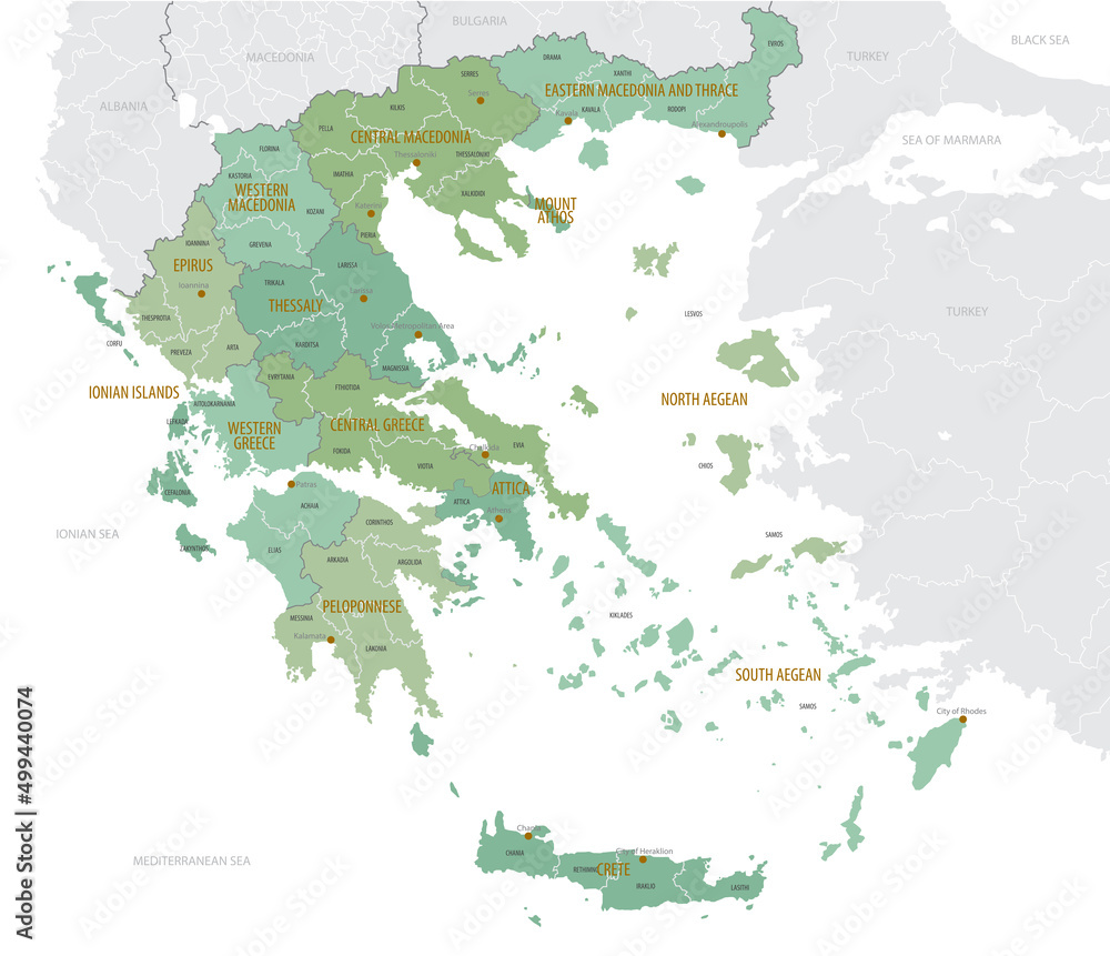 Obraz premium Detailed map of Greece, with administrative divisions into Regions and municipalities, major cities of the country, vector illustration onwhite background