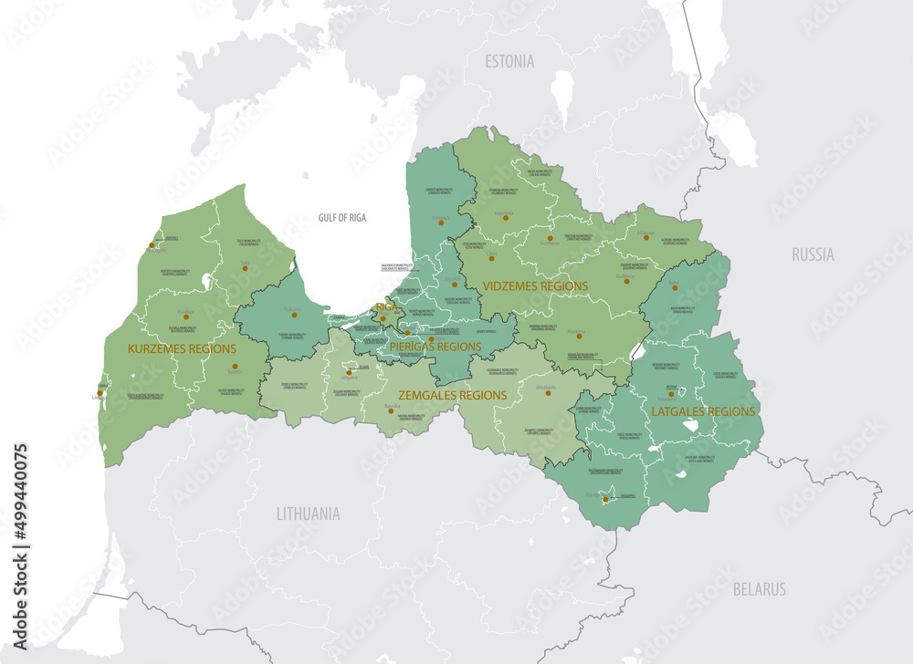 Obraz premium Detailed map of Latvia, with administrative divisions into Statistical regions and State cities and municipalities as of 2021, major cities of the country, vector illustration on white background