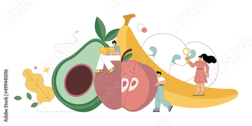 Healthy food concept. Dietology. People choose healthy vegetables and fruits. Healthy lifestyle. Vector flat illustration