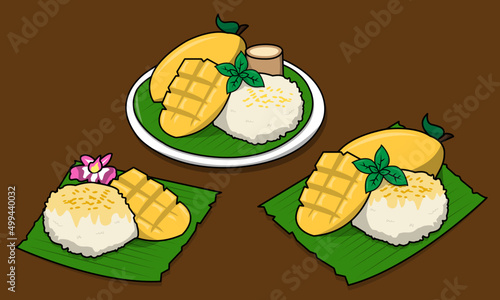 Mango Sticky Rice dessert Thai Food vector style Set