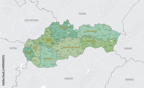 Detailed map of Slovakia, with administrative divisions into kraje, regions and municipalities, major cities of the country, vector illustration on white background