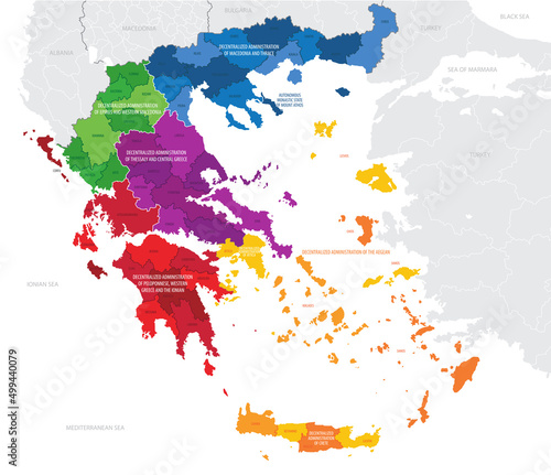 Map of the Greece with administrative divisions of the country into Regions and municipalities , detailed vector illustration