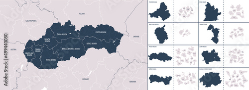Vector color detailed map of Slovakia with the administrative divisions of the country, each kraje, regions is presented separately and divided into municipalities
