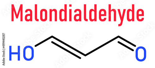 Malondialdehyde or MDA, enol form, molecule. Marker of oxidative stress and naturally produced during the lipid peroxidation of polyunsaturated fatty acids, skeletal chemical formula.