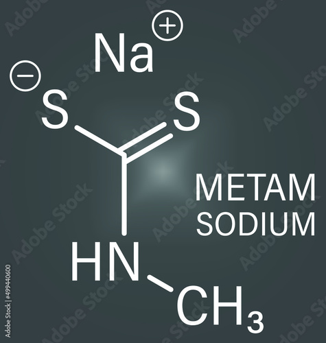 Metam sodium pesticide molecule, skeletal chemical formula.