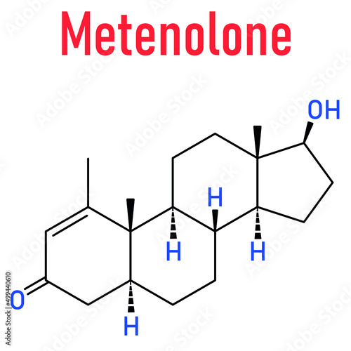 Metenolone anabolic steroid molecule. Used (banned) in sports doping. Skeletal formula.