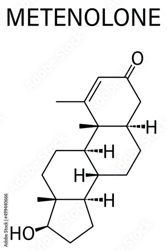 Metenolone anabolic steroid molecule. Used (banned) in sports doping. Skeletal formula.
