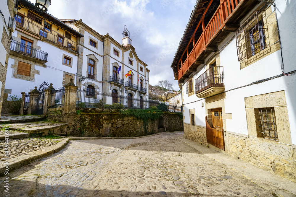 Town Hall Square in the beautiful picturesque village of Candelario in Salmanaca Spain.