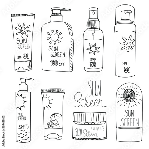 summer sunscreen cream protect skin doodle set